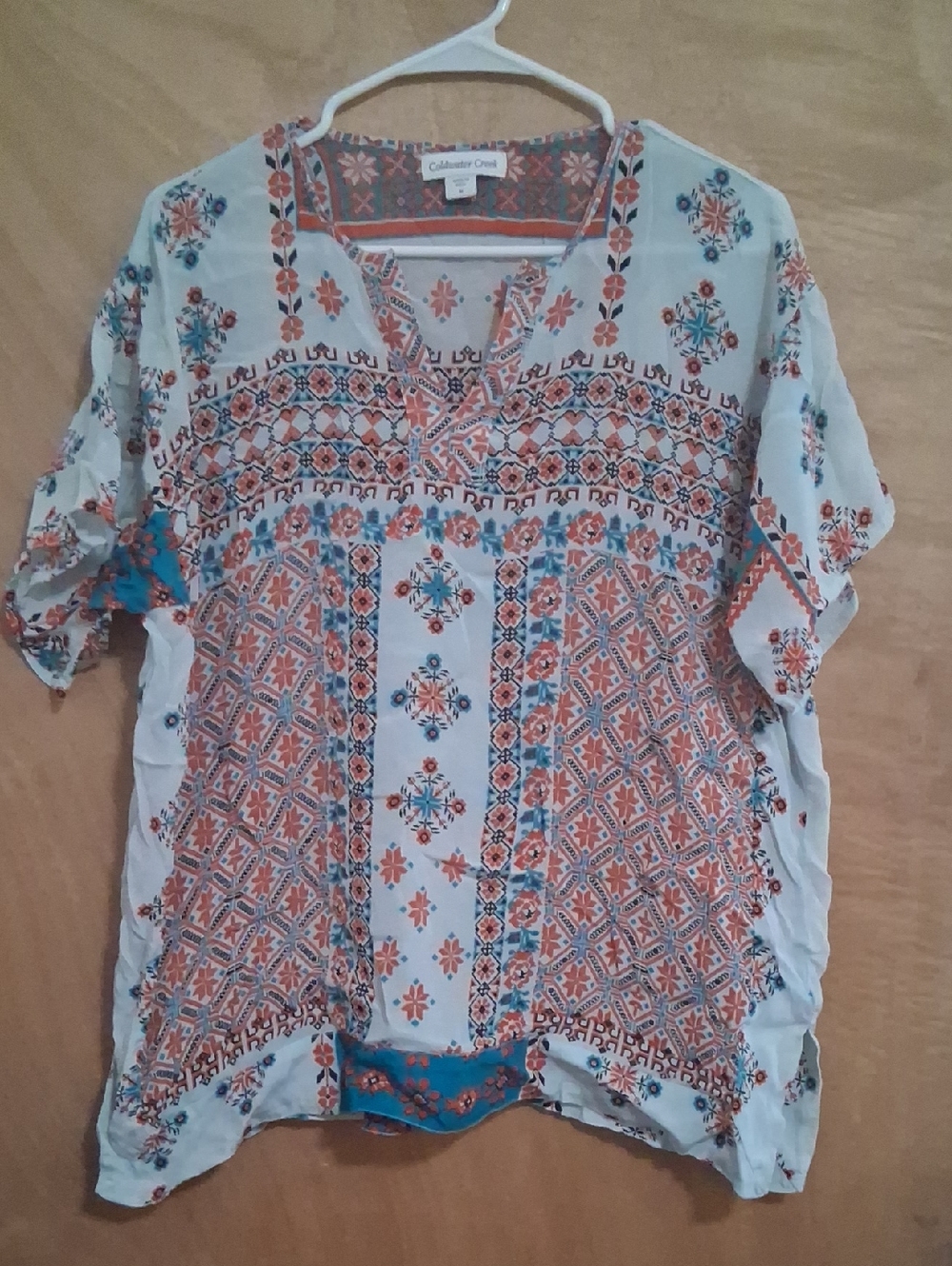 Coldwater Creek White Tunic with Orange and Blue Floral Print